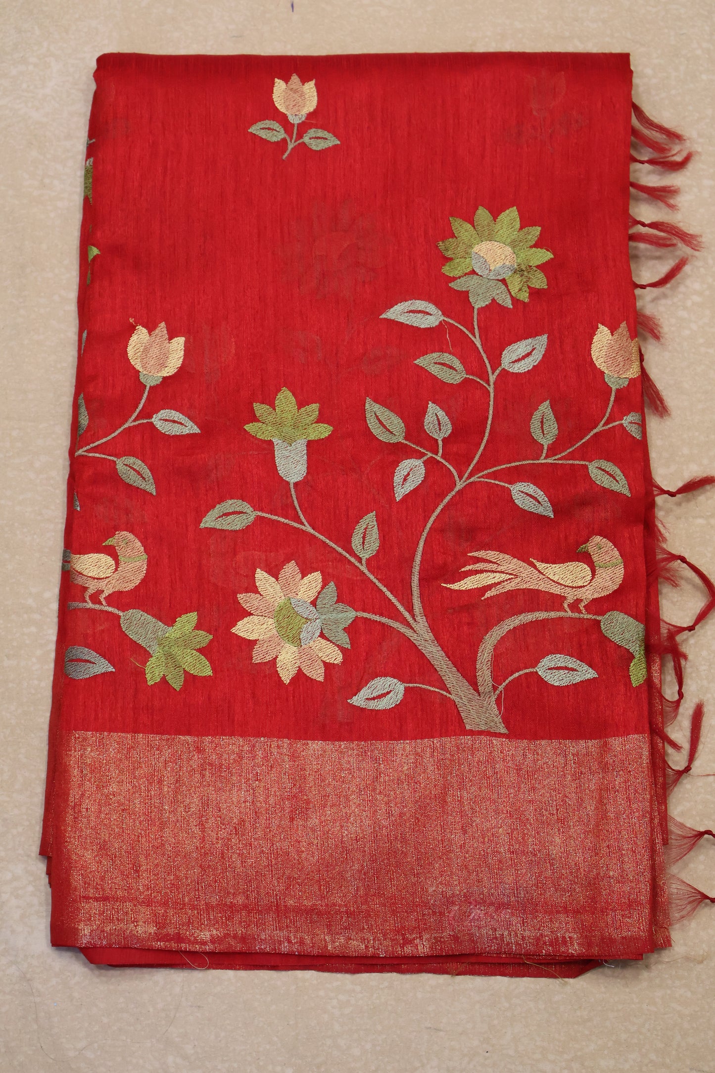 Semi Raw Silk Saree -Red Parrot Tissue