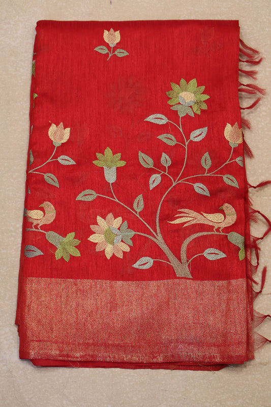 Semi Raw Silk Saree -Red Parrot Tissue