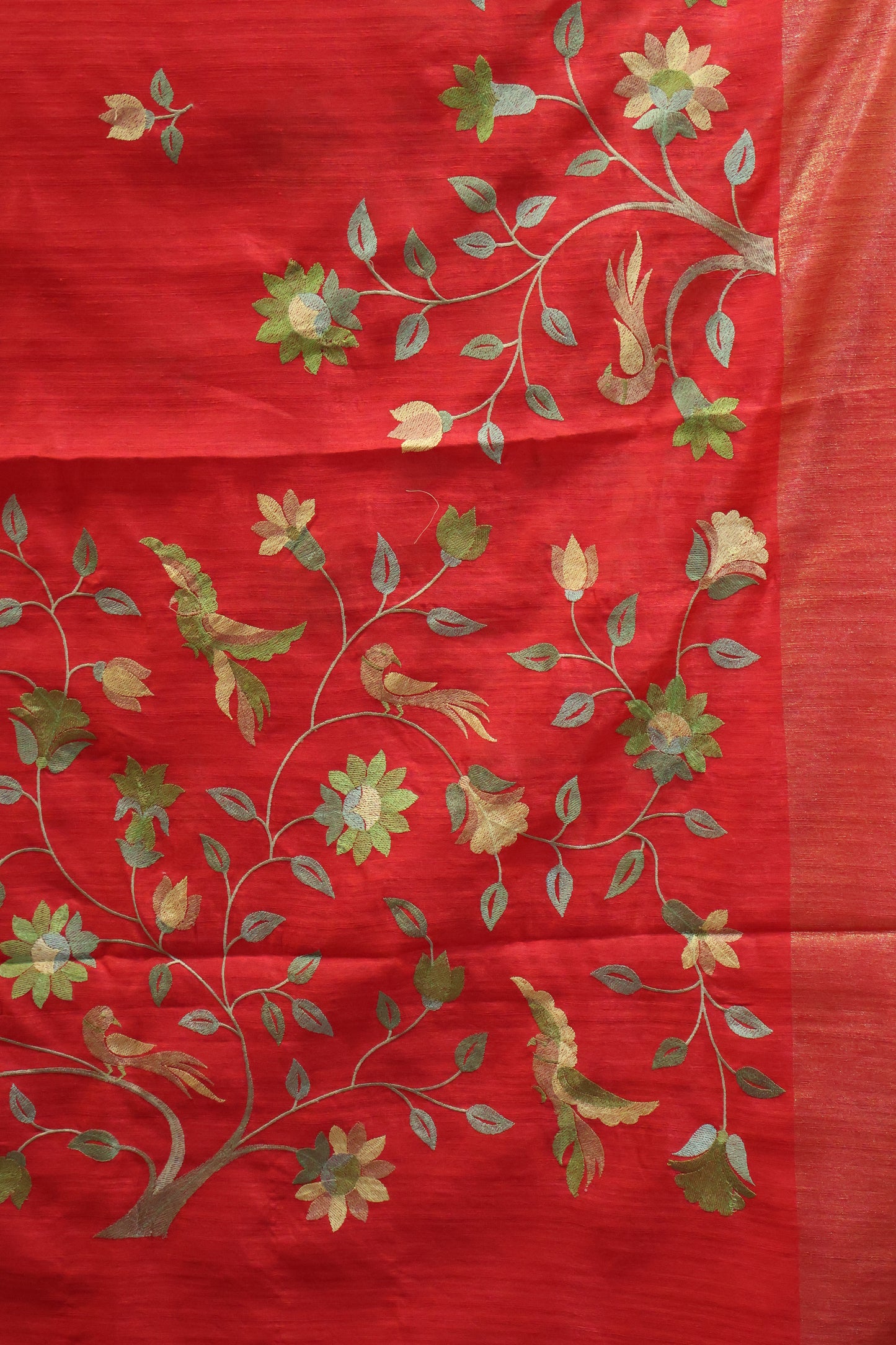 Semi Raw Silk Saree -Red Parrot Tissue