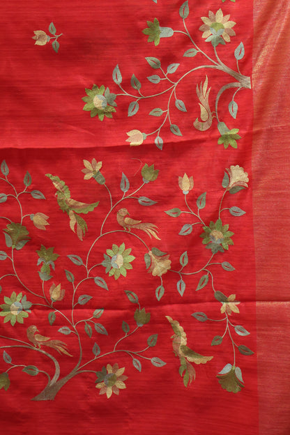 Semi Raw Silk Saree -Red Parrot Tissue