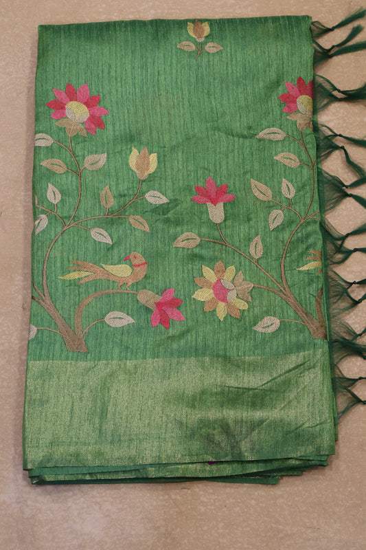 Semi Raw Silk Saree -Green Parrot Tissue