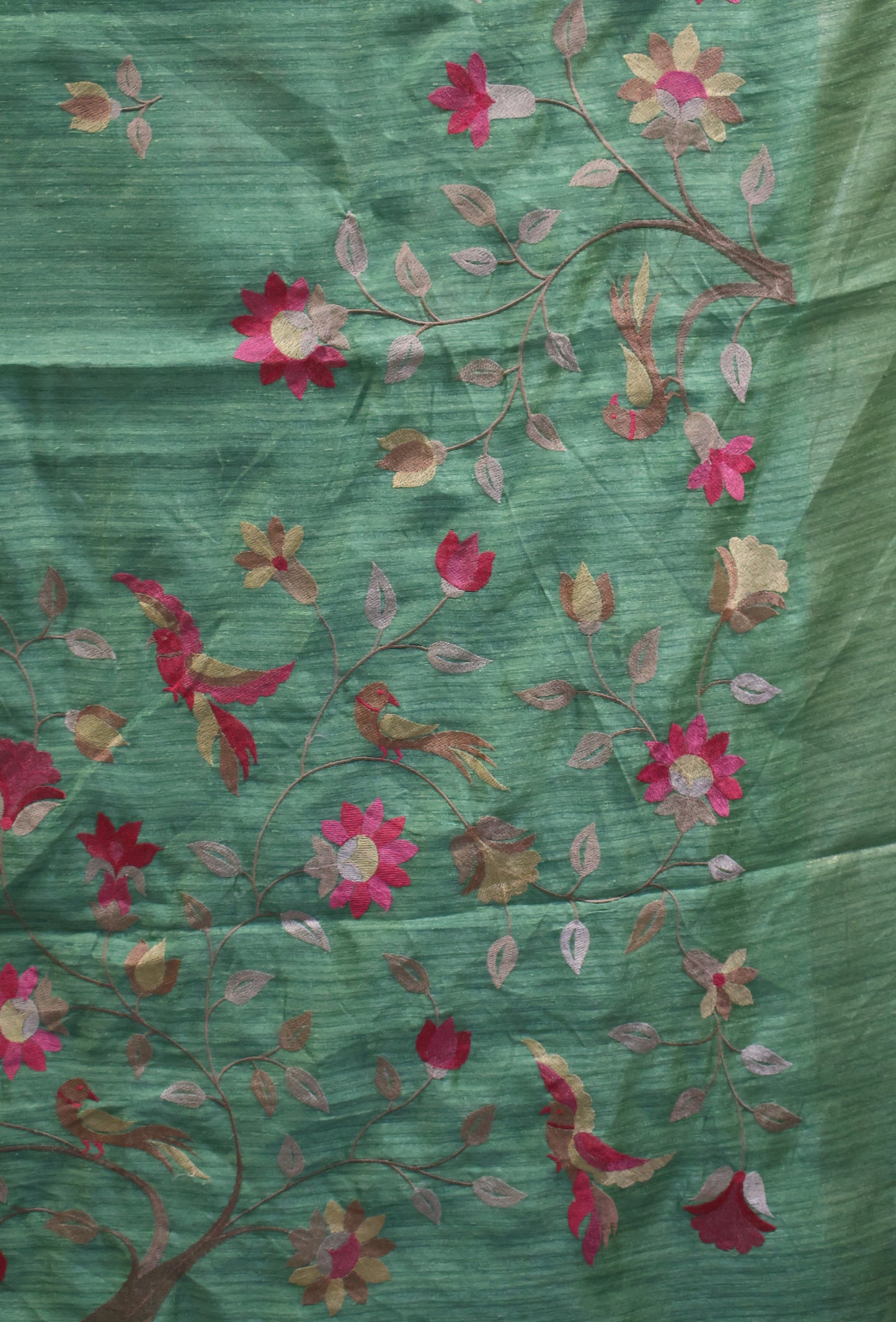 Semi Raw Silk Saree -Green Parrot Tissue