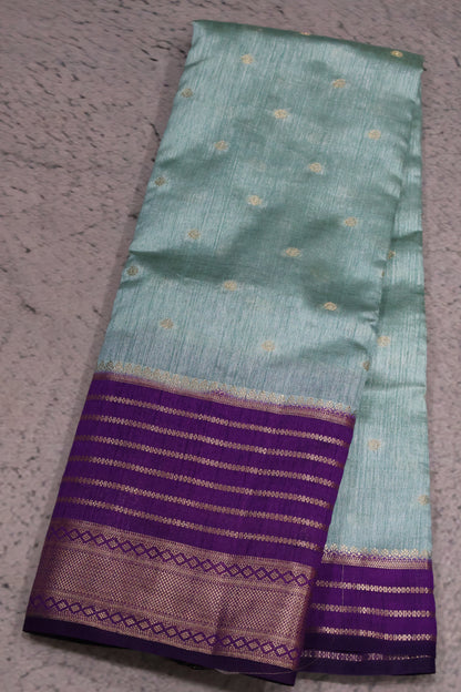Semi Tussar Saree Floral - Sea Green