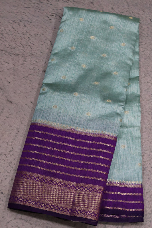 Semi Tussar Saree Floral - Sea Green
