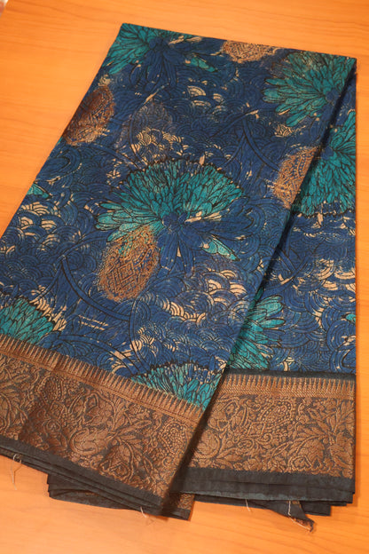Printed Bamboo Silk Saree-Peacock Blue