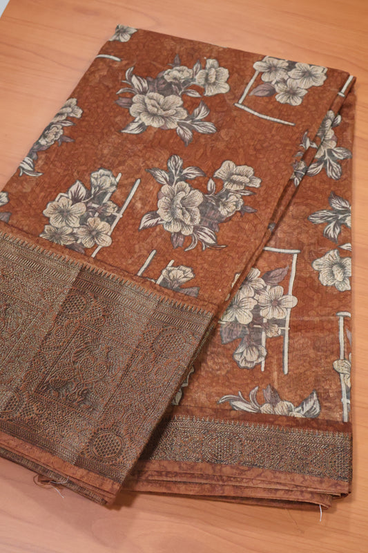 Printed Bamboo Silk Saree-Brown Floral Print