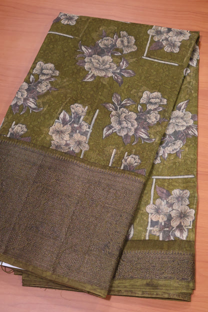 Printed Bamboo Silk Saree-Sage Green Floral Print