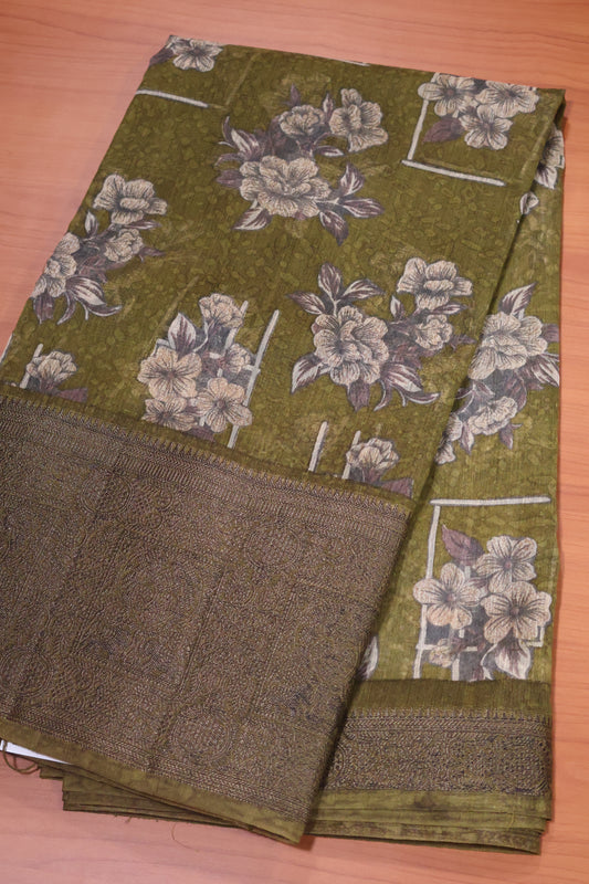 Printed Bamboo Silk Saree-Sage Green Floral Print
