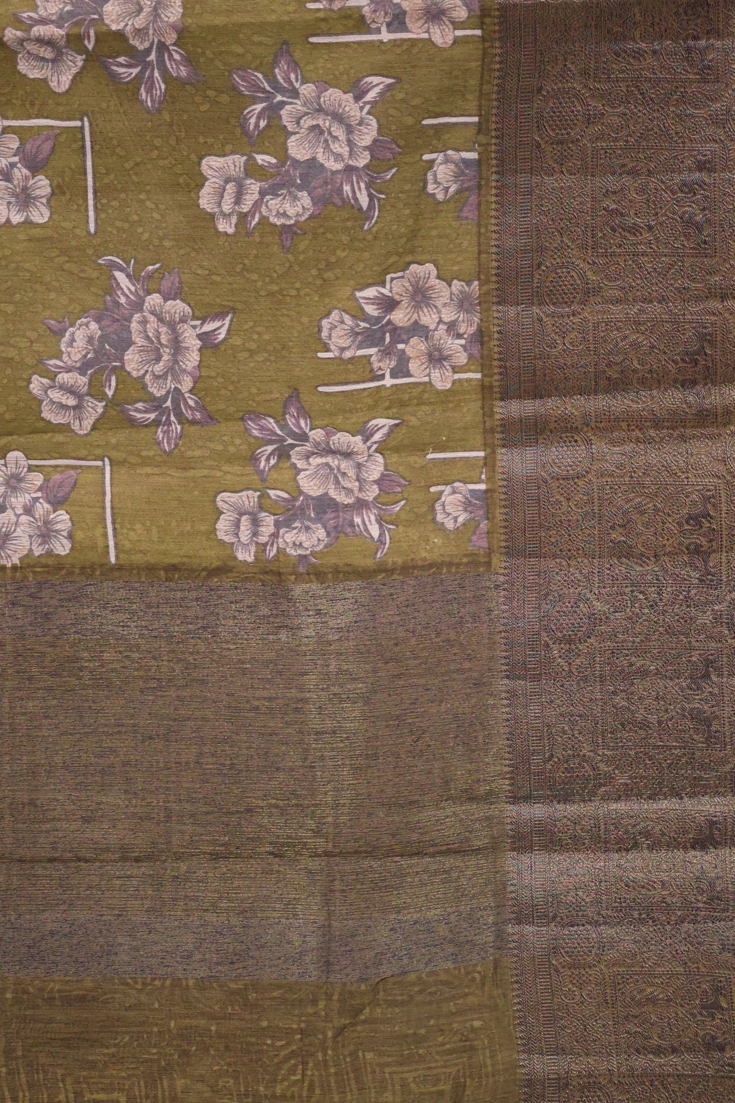 Printed Bamboo Silk Saree-Sage Green Floral Print