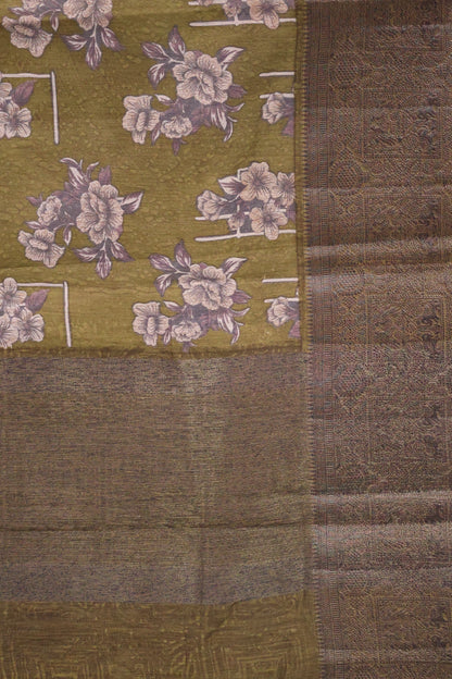 Printed Bamboo Silk Saree-Sage Green Floral Print