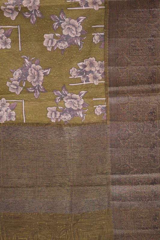 Printed Bamboo Silk Saree-Sage Green Floral Print