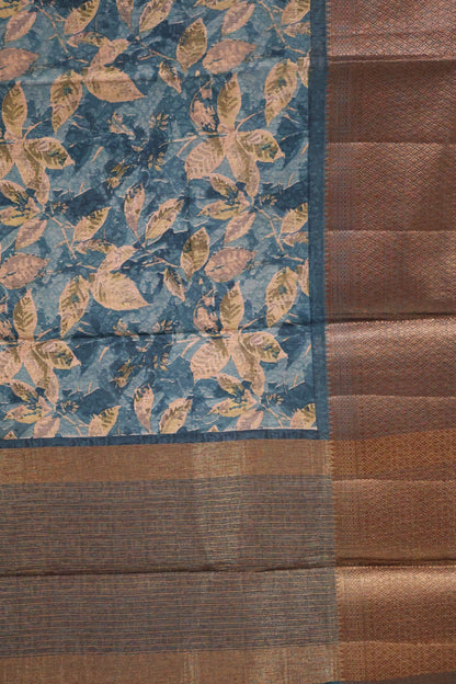 Printed Bamboo Silk Saree-Peacock Green