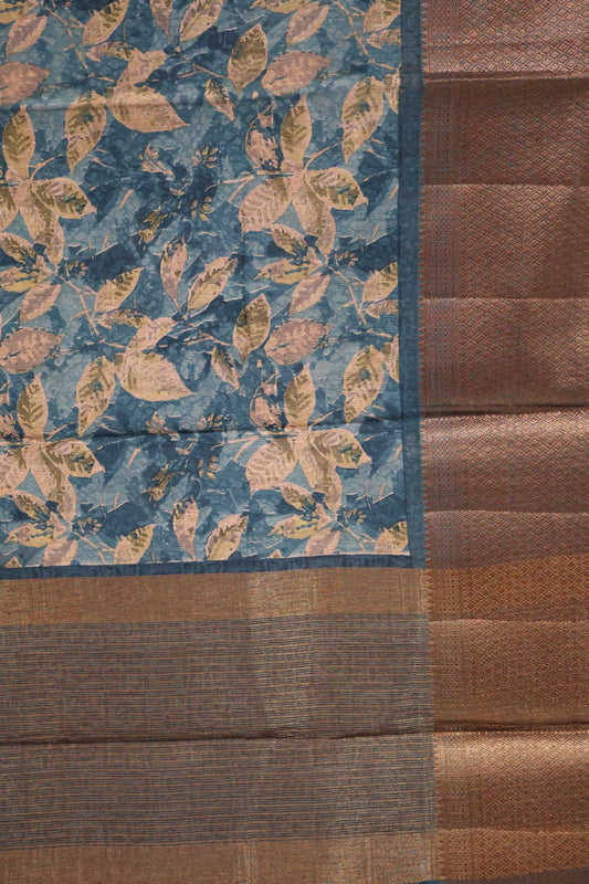 Printed Bamboo Silk Saree-Peacock Green