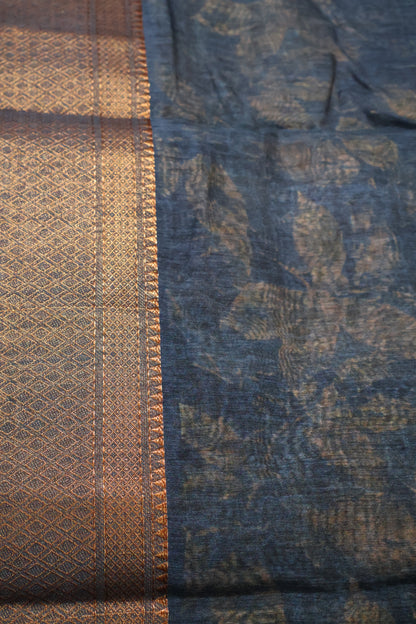 Printed Bamboo Silk Saree-Blue