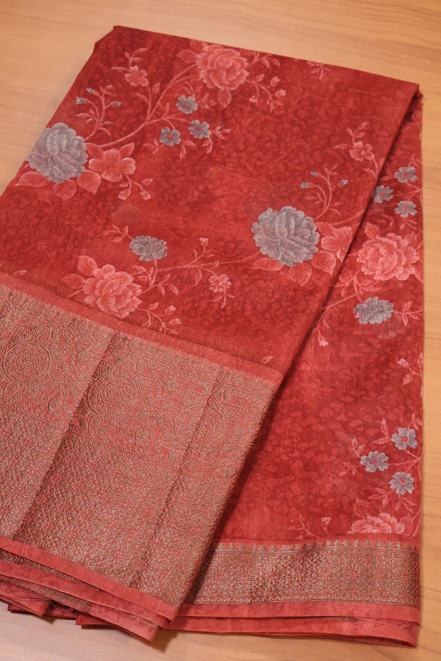 Printed Bamboo Silk Saree-Maroon Rose