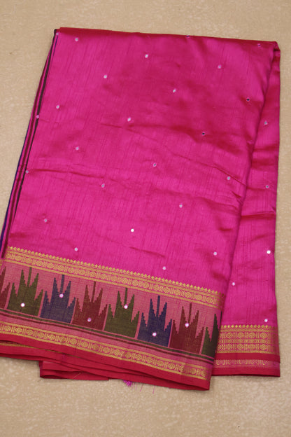Semi Tussar Saree -Pink Temple Tower Border