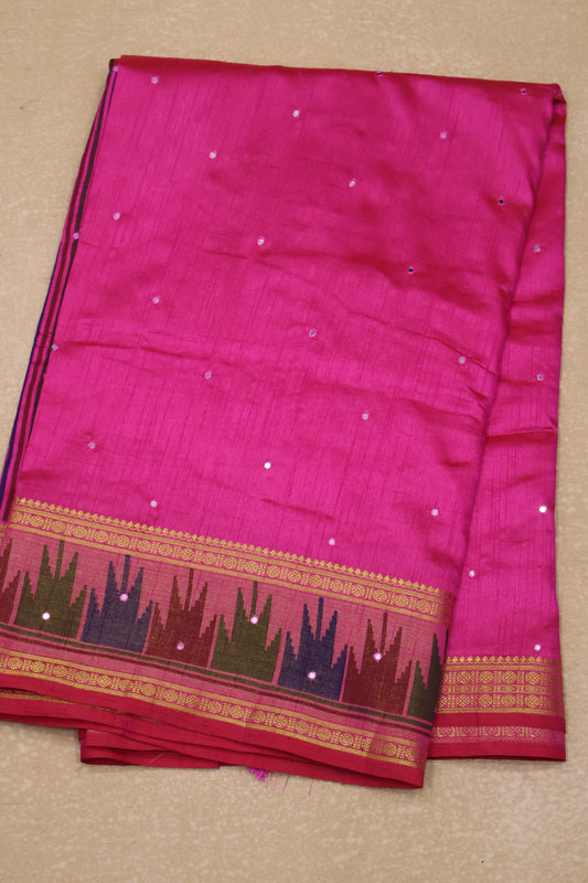 Semi Tussar Saree -Pink Temple Tower Border