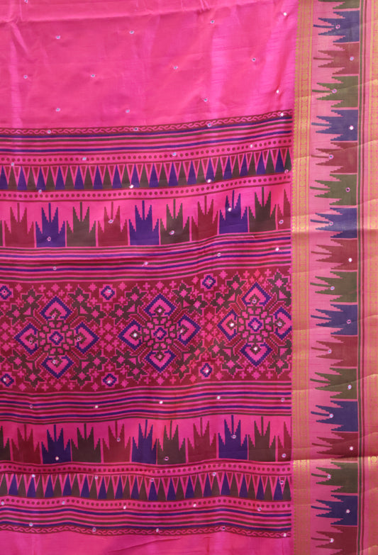 Semi Tussar Saree -Pink Temple Tower Border