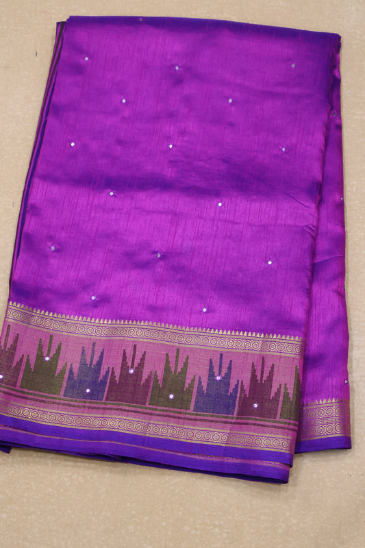 Semi Tussar Saree -Purple Temple Tower Border