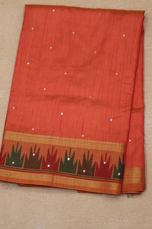 Semi Tussar Saree -Orange Temple Tower Border