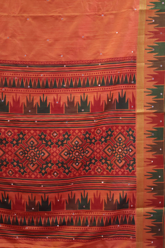 Semi Tussar Saree -Orange Temple Tower Border