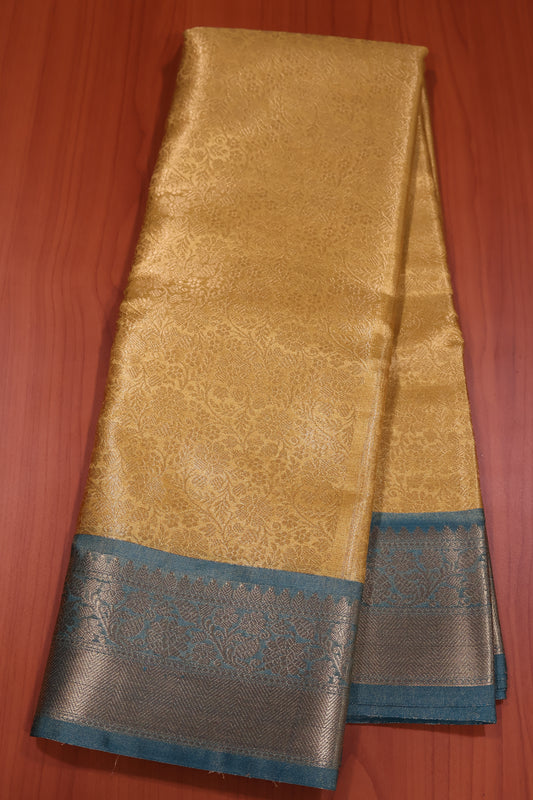 Semi Tussar Saree -Golden Yellow-Green Full Zari