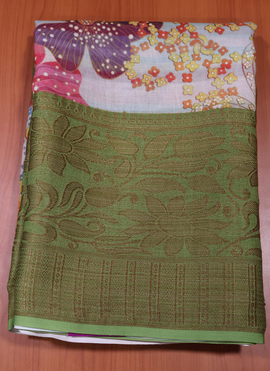 Linen Chanderi Saree- Green Big Border