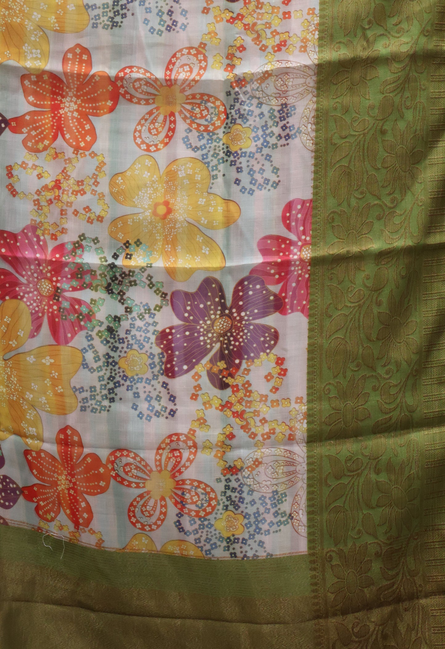 Linen Chanderi Saree- Green Big Border