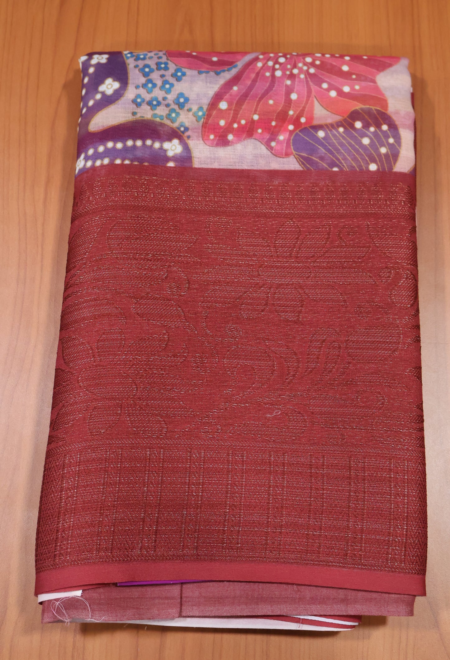 Linen Chanderi Saree- Coral Pink -Maroon Big Border