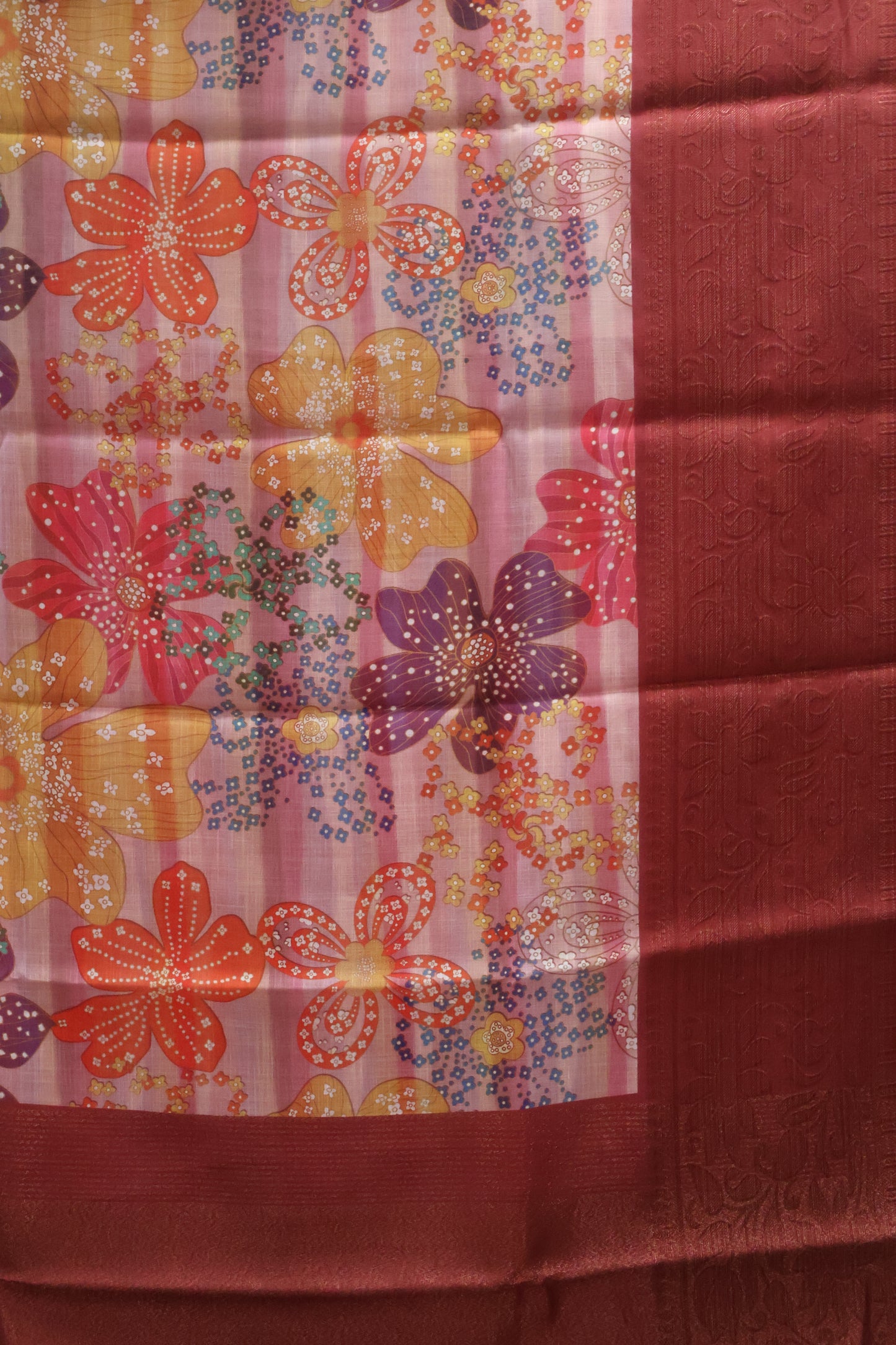 Linen Chanderi Saree- Coral Pink -Maroon Big Border