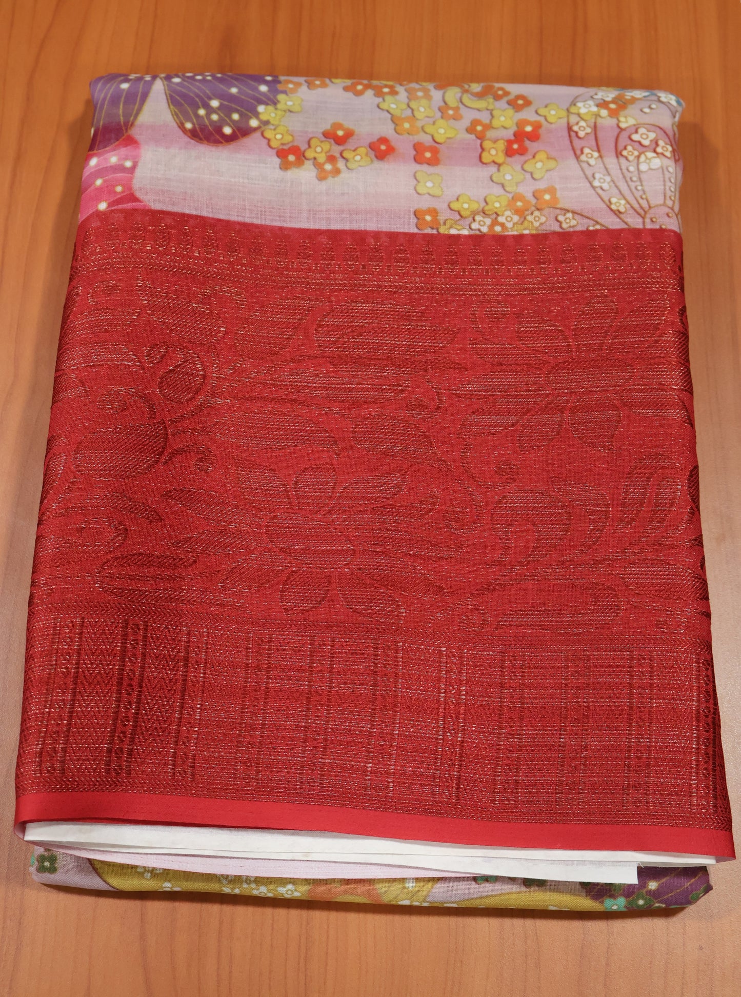 Linen Chanderi Saree- Red Big Border