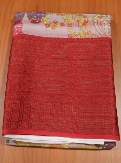 Linen Chanderi Saree- Red Big Border