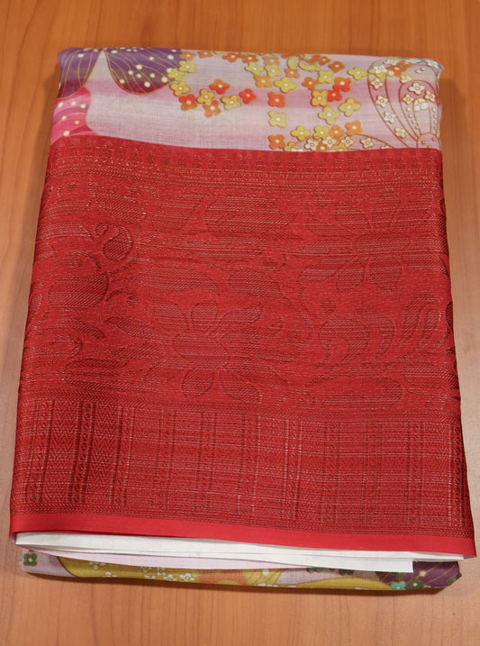 Linen Chanderi Saree- Red Big Border