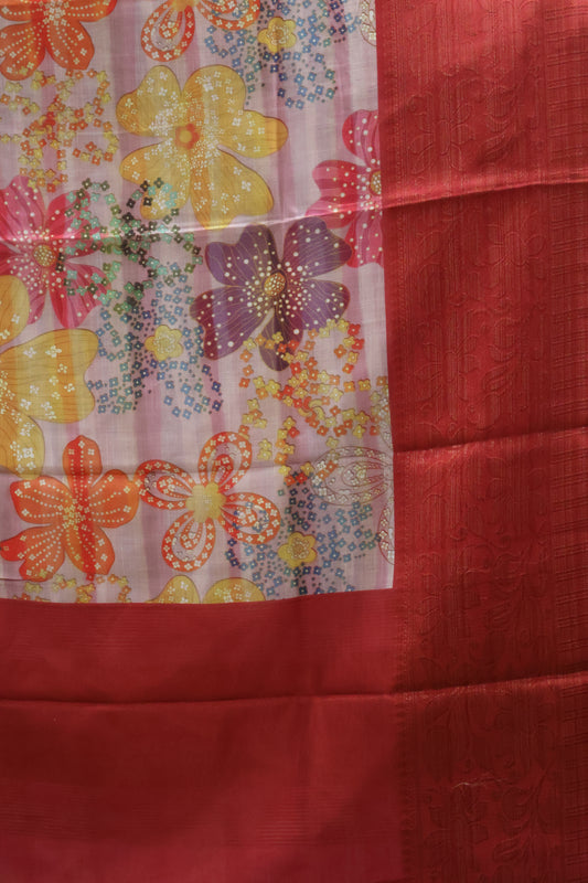 Linen Chanderi Saree- Red Big Border