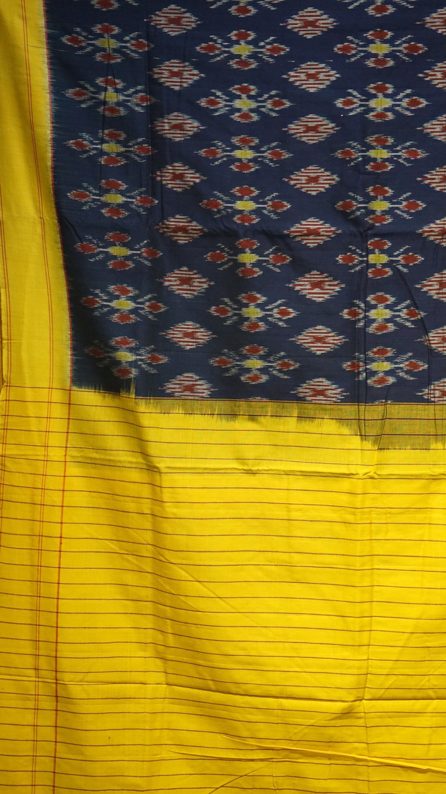Pochampally Cotton double Ikkat Saree Navy Blue - Yellow
