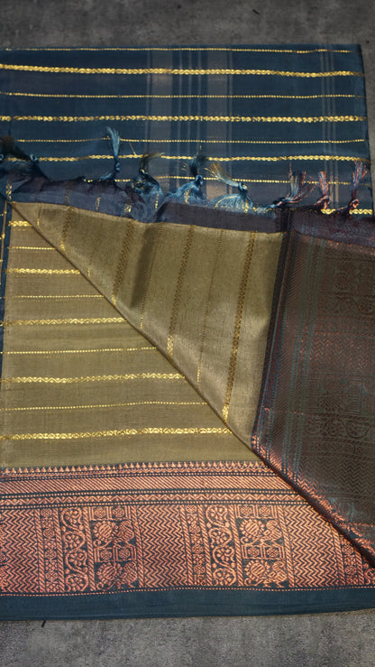 Vazhai Naaru Pattu Saree Velthari Navy Blue - Olive Green