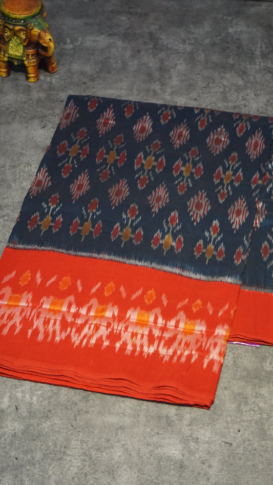 Pochampally Cotton double Ikkat Saree Navy Blue - Red