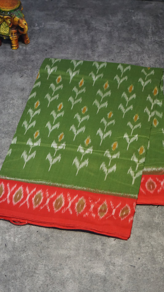 Pochampally Cotton double Ikkat Saree Green - Red