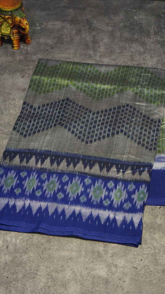 Pochampally Cotton double Ikkat Saree Gray - Blue