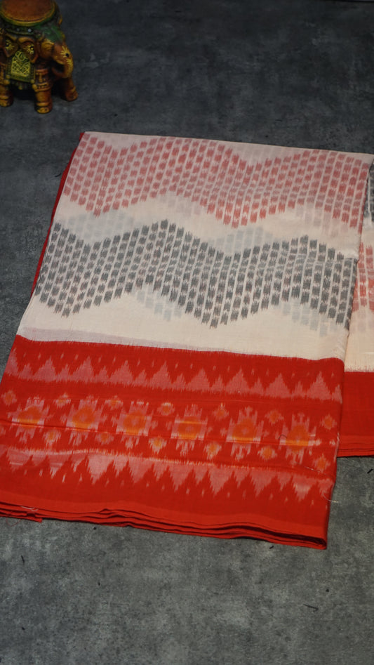 Pochampally Cotton double Ikkat Saree Half White - Red