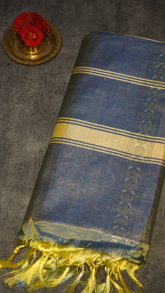Vazhai Naaru Pattu Saree Vanasingaram Metallic Blue - Orange