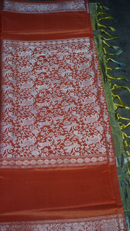 Vazhai Naaru Pattu Saree Vanasingaram Metallic Blue - Orange