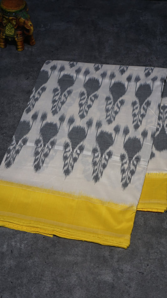 Pochampally Cotton double Ikkat Saree Half White - Yellow