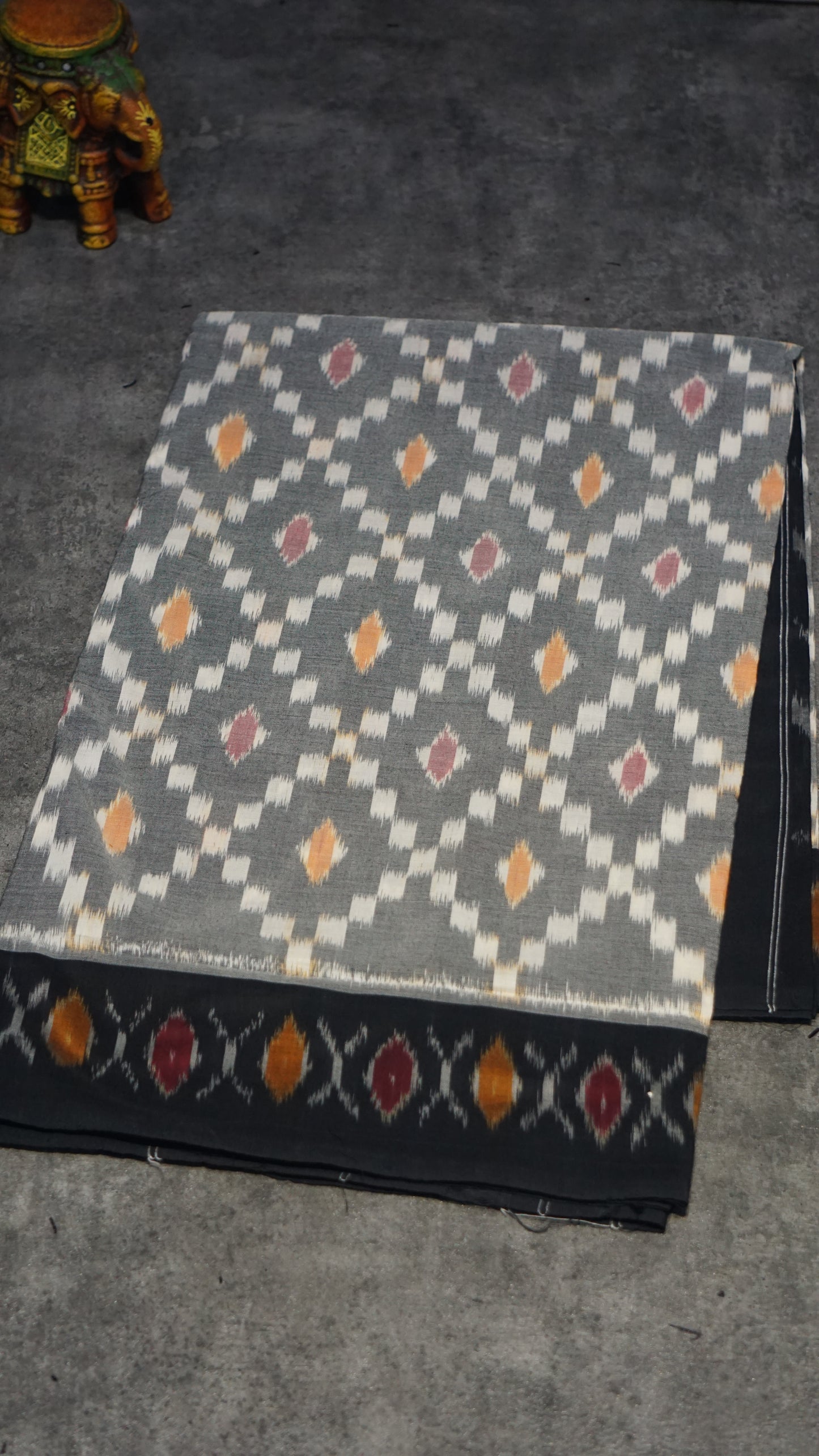 Pochampally Cotton double Ikkat Saree Grey - Black