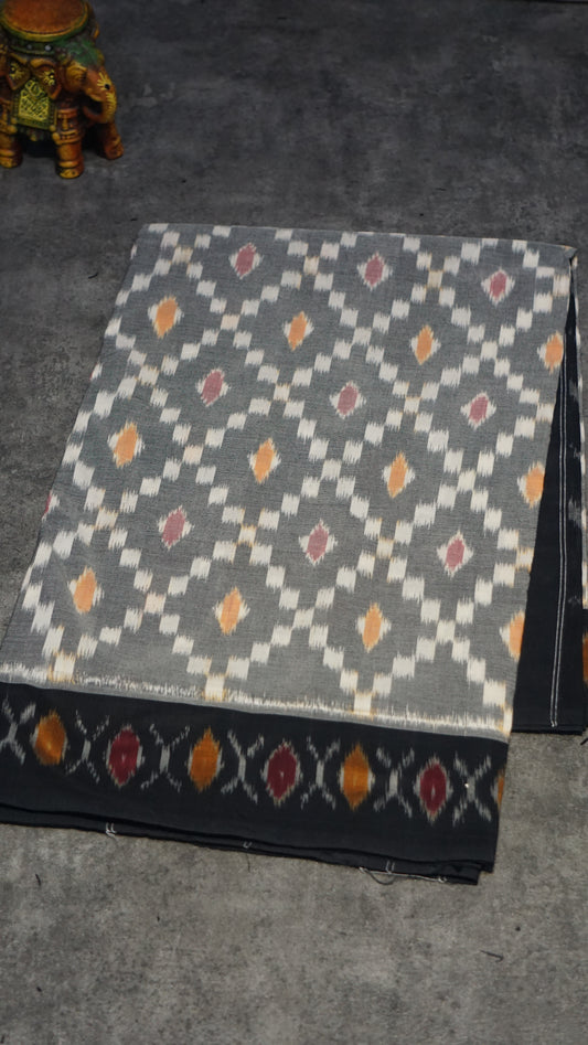 Pochampally Cotton double Ikkat Saree Grey - Black