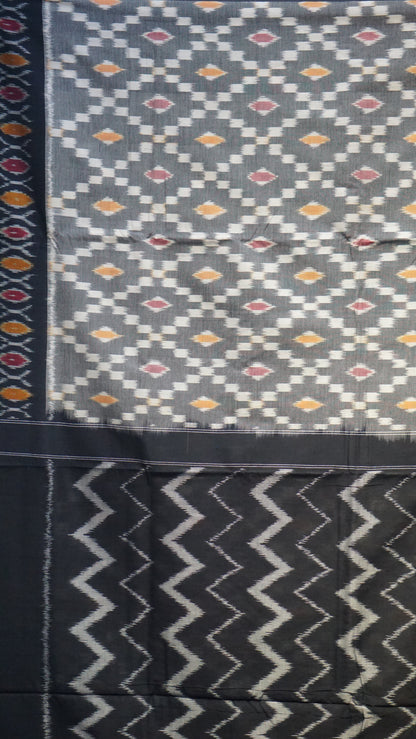 Pochampally Cotton double Ikkat Saree Grey - Black