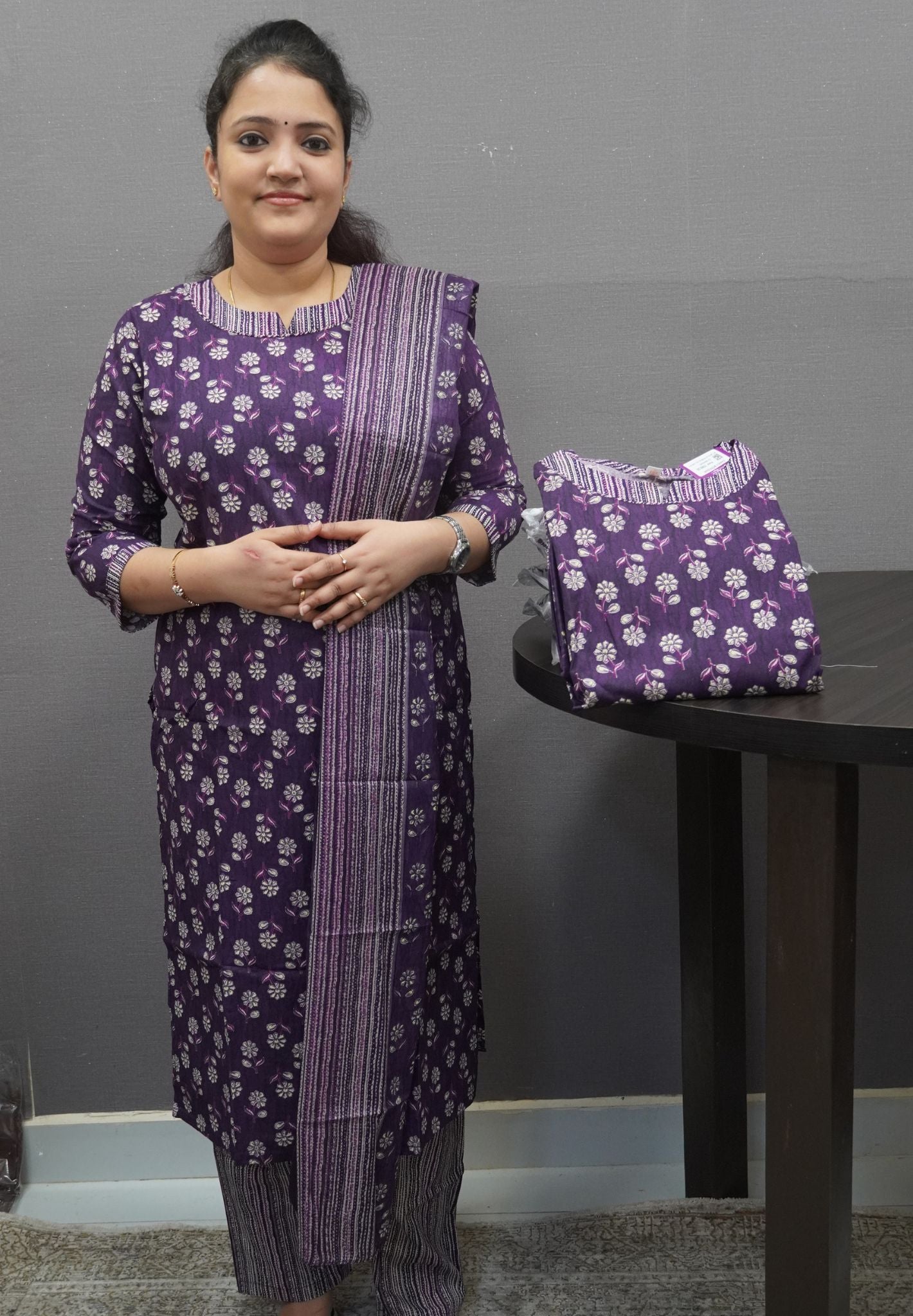 3 Pcs Kurti Set - Dark Purple