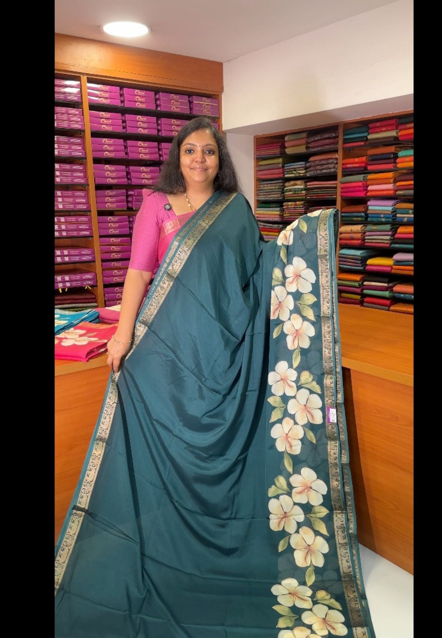 Art Mangalgiri Silk Saree-Bottle Green with Floral Print