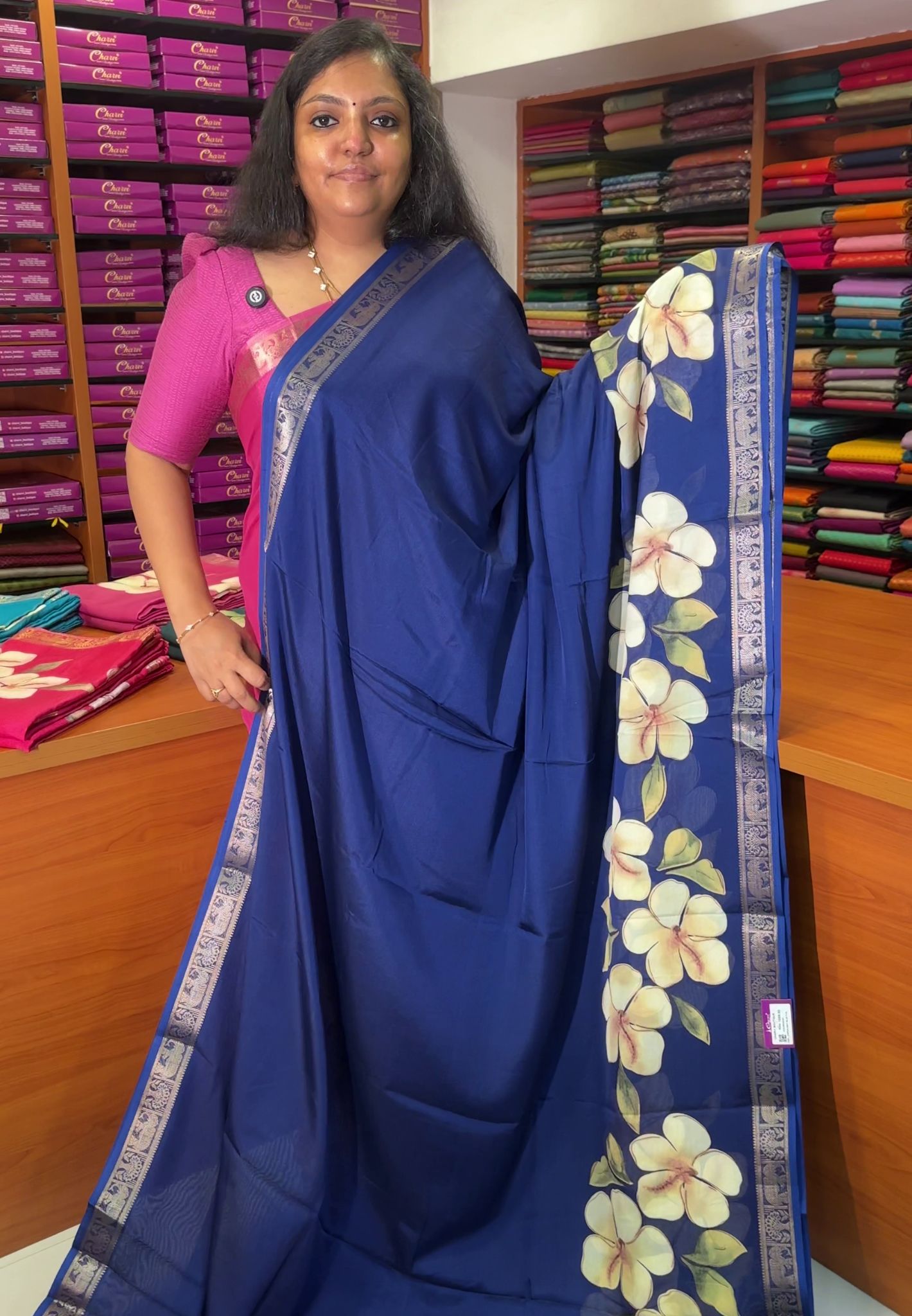 Art Mangalgiri Silk Saree-Navy Blue with Floral Print