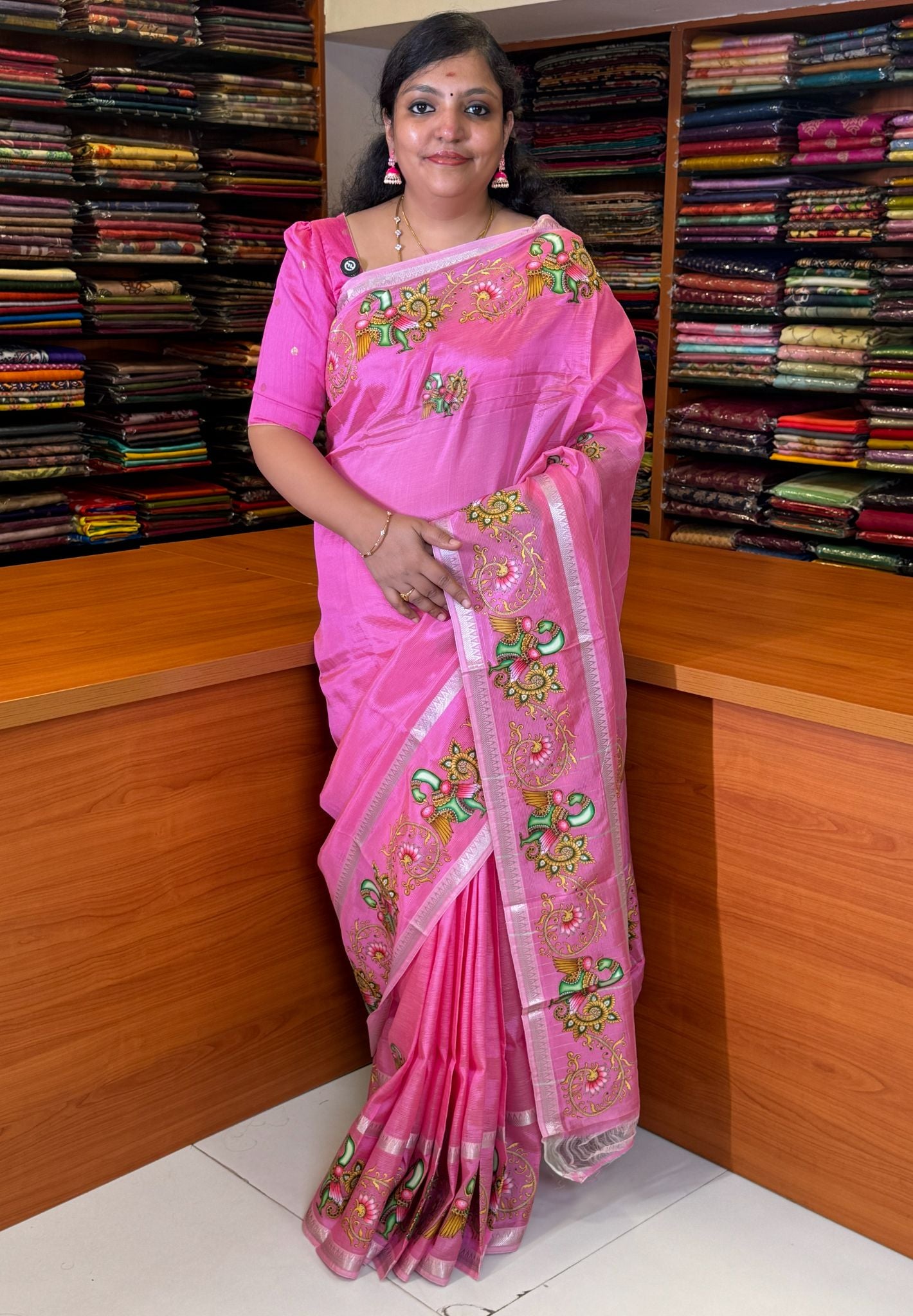 Pure Mangalgiri Silk Saree-Lotus Pink in Thanjur Print Retapett Border